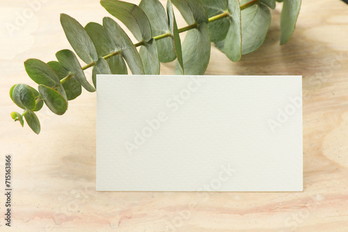 Fototapeta Naklejka Na Ścianę i Meble -  Blank business card and eucalyptus branch on wooden table, closeup. Mockup for design