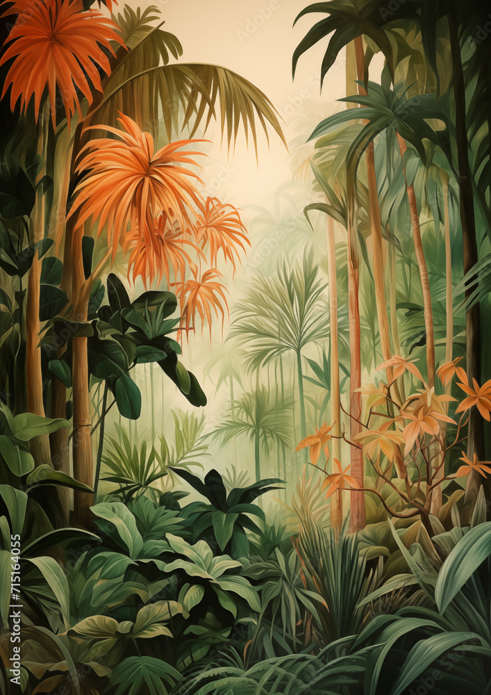 Lush Watercolor Painting of Tropical Foliage with Palm Trees