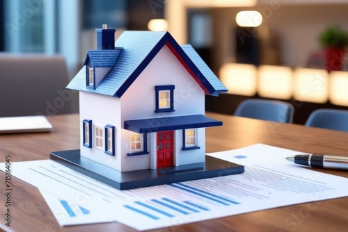a concept holo 3d render model of a small living house on a table in a real estate agency. signing mortgage contract document and demonstrating. futuristic business. blurry background