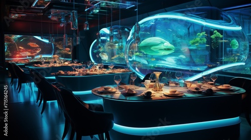 A futuristic dining room with holographic projections of gourmet dishes.