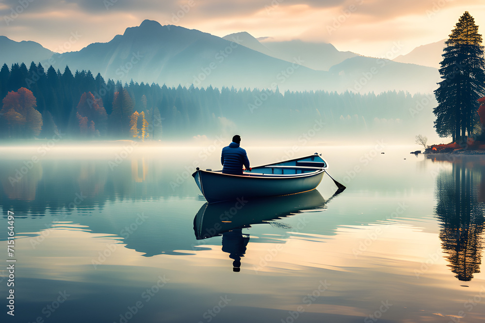 Peace: The beauty of a boat sliding on the lake generative ai