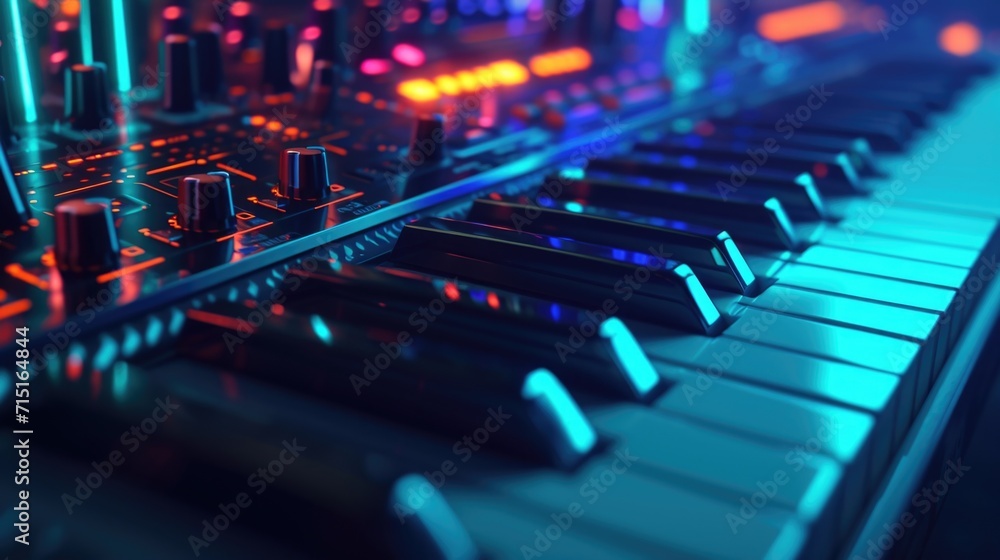 Obraz premium Closeup shots of the keys on a synthesizer their colorful and intricate patterns moving in sync with the music being played creating an atmospheric and visually striking scene