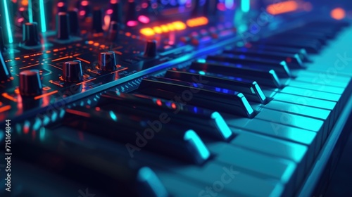 Closeup shots of the keys on a synthesizer their colorful and intricate patterns moving in sync with the music being played creating an atmospheric and visually striking scene