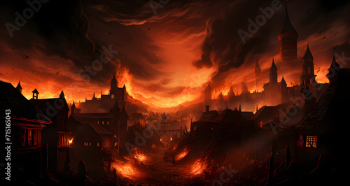 a dark city with flames in the background