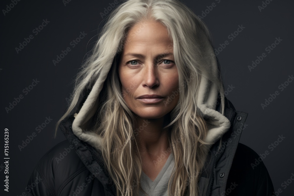 Portrait of a beautiful blond woman in a black down jacket.