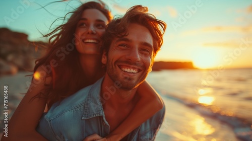 Romantic scene capturing a couple's nature adventure during summer vacation or honeymoon, featuring a heartwarming piggyback ride against the backdrop of a beautiful sunset