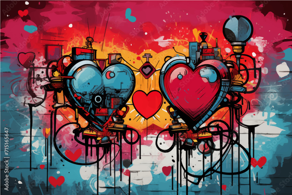 Fototapeta premium colorful hearts in graffiti style for Valentine's Day, Valentine's Day postcard, generative AI