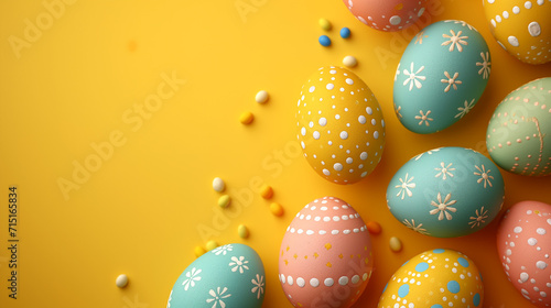 Colorful easter eggs on pastel background with empty space for text, advertising concept