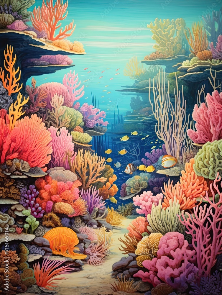 Coral Reef Explorations: Vintage Art, Marine Life Wall Decor, Ocean Scene - Vibrant Nautical Delight