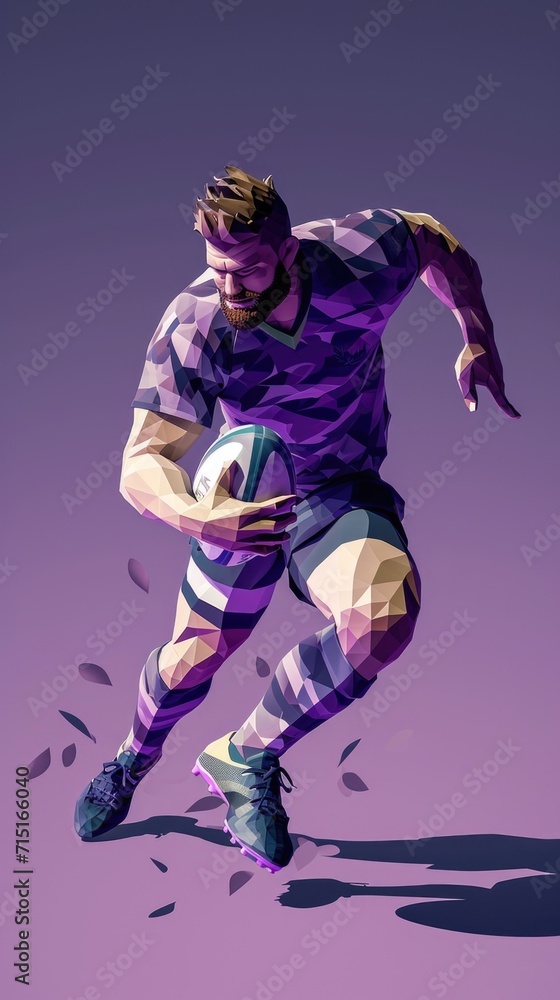 Cartoon digital avatar of a versatile and dynamic rugby player in a purple and gray camo rugby jersey, evading tackles and weaving through the defense with incredible agility.