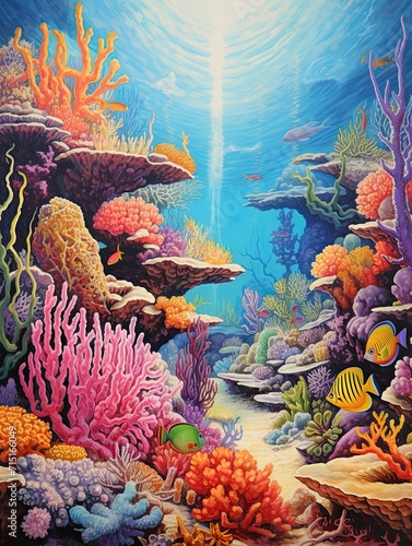 Vibrant Coral Reef Exploration: A Vintage Painting Depicting Breathtaking Marine Life Art on Wall Canvas