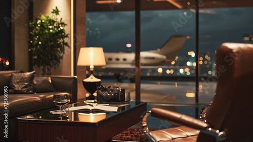 With the city lights shining below and the private jet soaring above, this business suite offers a tranquil setting for productive work or simply admiring the urban landscape from a birds © Justlight