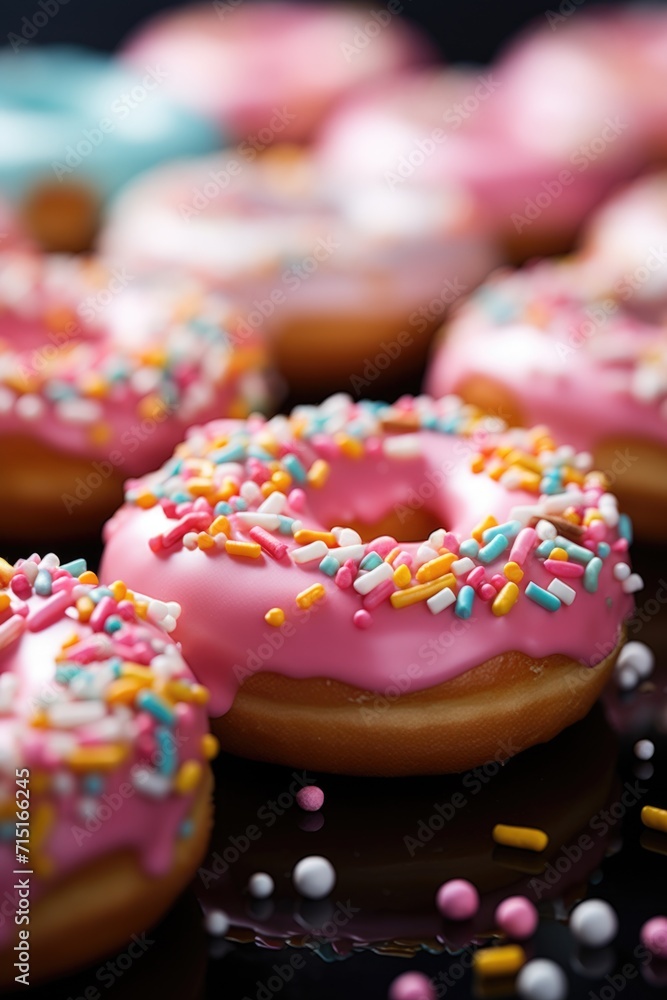 Frosted Donuts with Heart Sprinkles - Sweet Array on Pink Background, Valentine's Day Concept Frosted Donuts with Heart Sprinkles - Sweet Array on Pink Background, Valentine's Day Concept