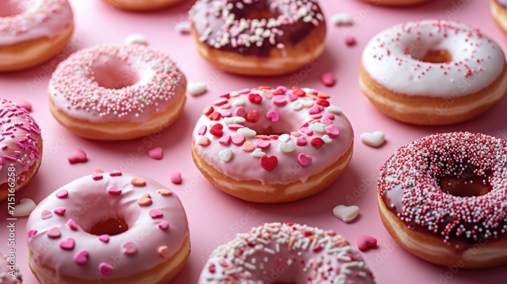 Frosted Donuts with Heart Sprinkles - Sweet Array on Pink Background, Valentine's Day Concept