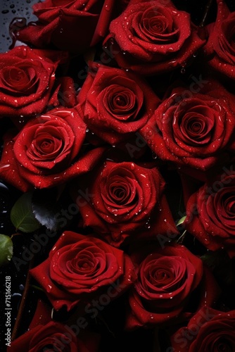 Lush Roses on Reflective Surface - Velvety Petals and Dark Backdrop  Valentine s Day Concept