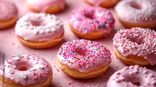 Frosted Donuts with Heart Sprinkles - Sweet Array on Pink Background, Valentine's Day Concept