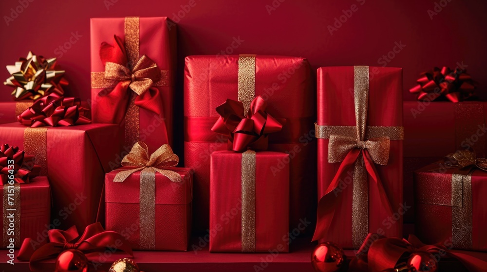 Elegant Red Gift Boxes - Sophisticated Packaging with Golden Accents, Valentine's Day Concept Elegant Red Gift Boxes - Sophisticated Packaging with Golden Accents, Valentine's Day Concept