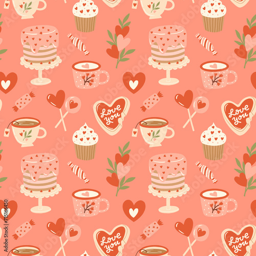 Valentine's Day Romantic Seamless Pattern with playful and whimsical illustrations of heart, tea party, tea cup, cake, cookie, lollipop, candy, cupcake elements
