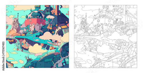 Color and black and white futuristic art of space and spaceship. Abstract doodle line art. Coloring book page. Vector illustration.