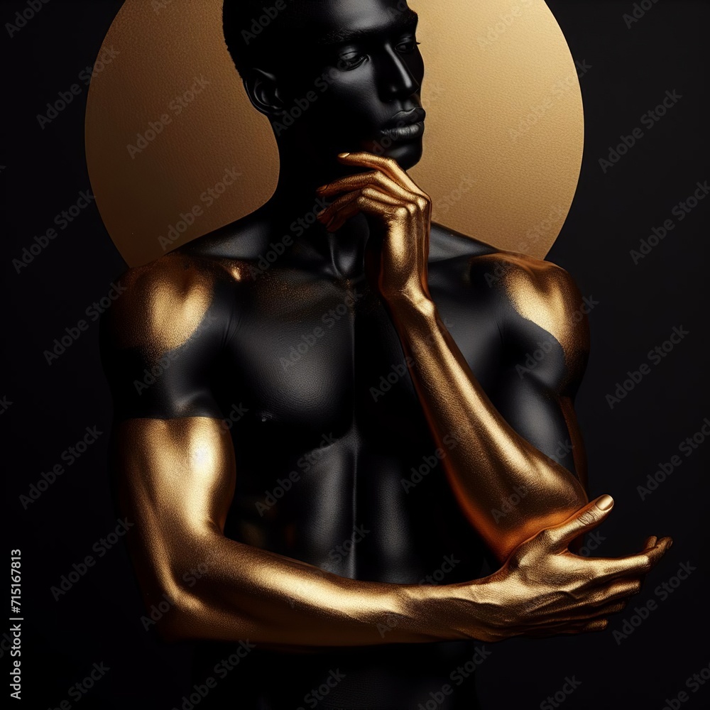 Fototapeta premium Black man with golden bodyart. 