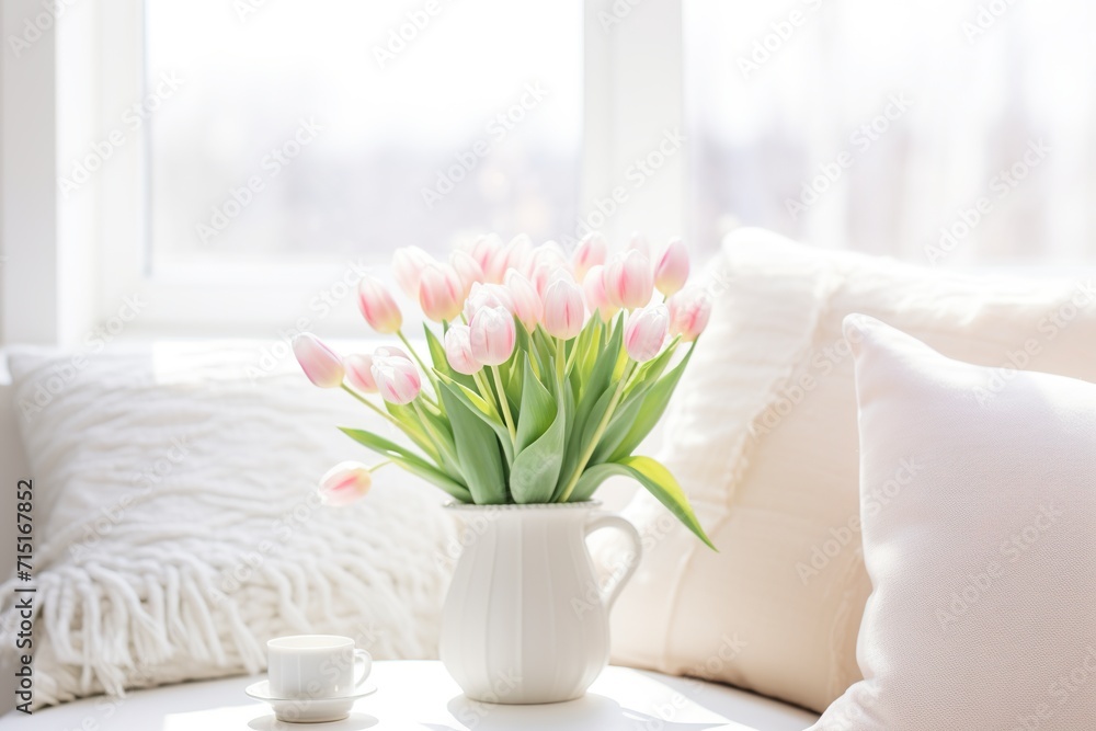 A beautiful living room decorated with cushions in light tones with fresh tulips. Close-up of living room in spring decoration in light colors minimalist style. A beautiful living room decorated with cushions in light tones with fresh tulips. Close-up of living room in spring decoration in light colors minimalist style.