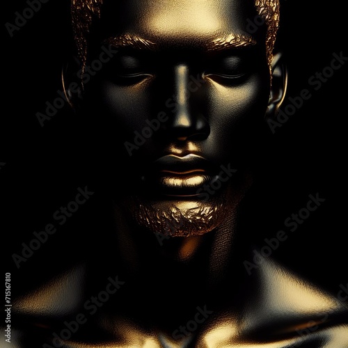 3d rendering of a male face with golden skin on a black background 