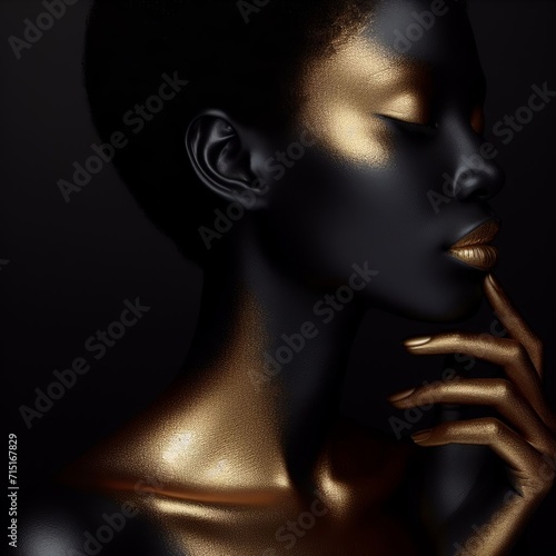 Black woman with golden skin on black background. 