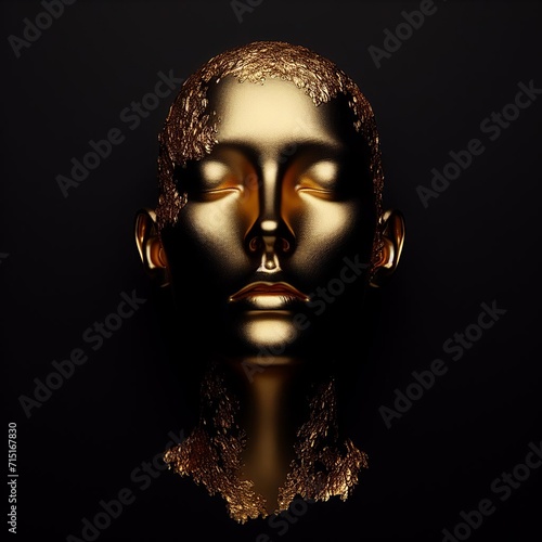 Golden man face on a black background. 3d render illustration. 