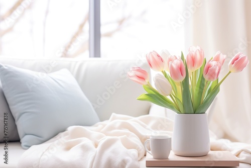 A beautiful living room decorated with cushions in light tones with fresh tulips. Close-up of living room in spring decoration in light colors minimalist style.