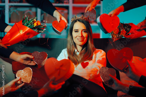 Fotografie Woman Wearing a Queen Crown Receiving Many Gifts