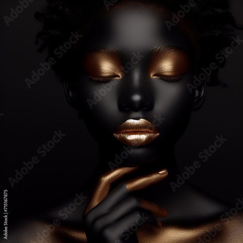 Beautiful black woman with golden lips on dark background. 
