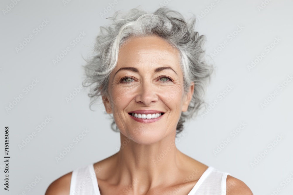 Close up portrait of smiling senior woman looking at camera over grey background Close up portrait of smiling senior woman looking at camera over grey background