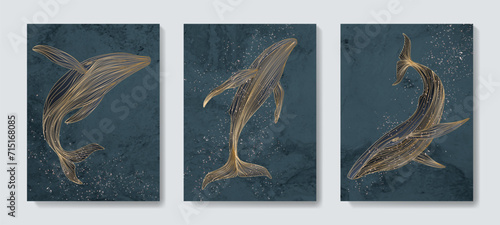 Art set with posters with watercolor texture with whales in golden line art style. Animalistic vector background for wallpaper, packaging, interior design, textiles.