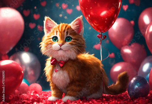 Little cute red kitten sitting on a festive heart shaped balloons background