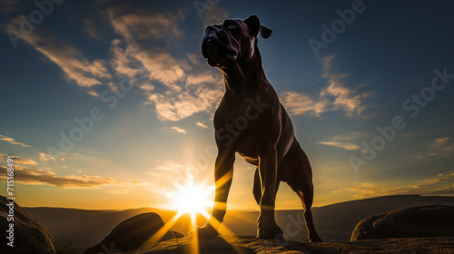 A dog silhouette against the sunrise, sweat and determination glistening in the new day light