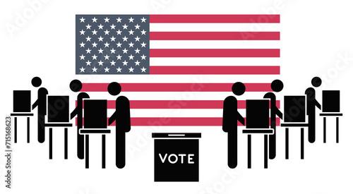 2024 presidential election icon. Three voters at individual booths, central ballot box, USA flag background. Vector icon design style