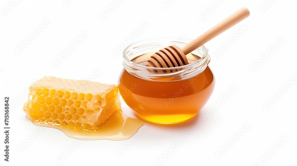Honey. Jar full of fresh honey and honeycomb. High quality image.white background Honey. Jar full of fresh honey and honeycomb. High quality image.white background