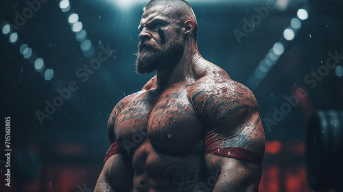 A powerlifter in mid-lift, veins standing out in stark detail, capturedwith a bokeh effect