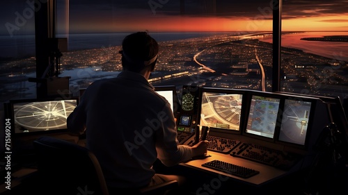 Operator in the control room of the airplane at sunset. View from the window. photo