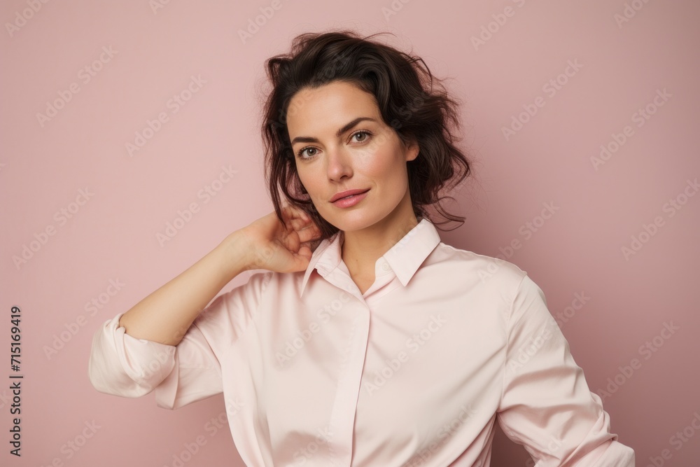 Portrait of a beautiful young woman in a pink shirt on a pink background