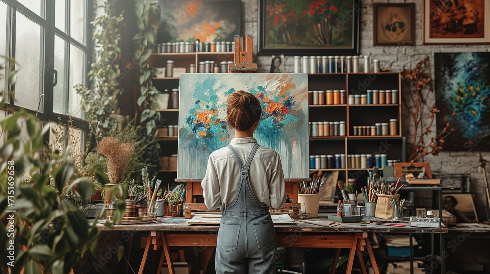Back view woman Artist painting artwork at workspace. Back view woman Artist painting artwork at workspace.