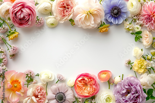 Floral frame from pastel flowers on white background, copy space for text in center