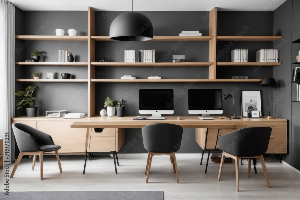 scandinavian interior home design of workplace with wooden desk and shelves on dark wall scandinavian interior home design of workplace with wooden desk and shelves on dark wall