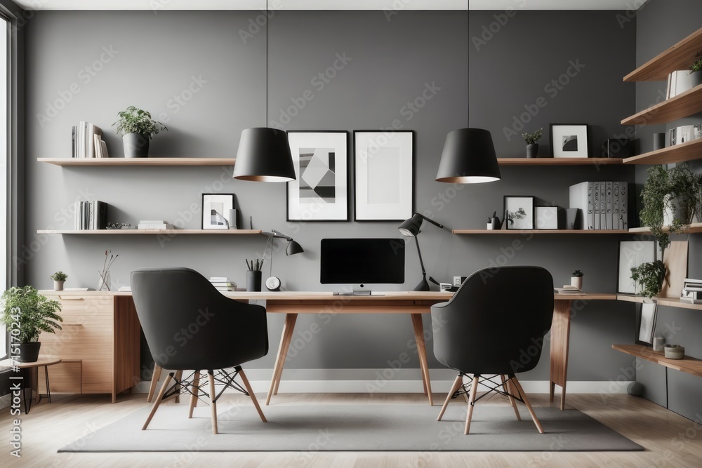 scandinavian interior home design of workplace with wooden desk and shelves on dark wall scandinavian interior home design of workplace with wooden desk and shelves on dark wall
