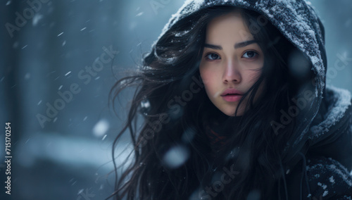 Snowy Winter Beauty: A Captivating Portrait of a Young Woman in a White Coat, Standing Alone in a Dark Forest