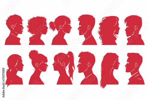 Vector simple silhouettes or icons of many people, woman and man facing each other relationship, conversation, gender
