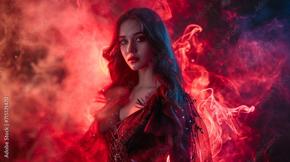 portrait of a supernatural witch woman with red aura