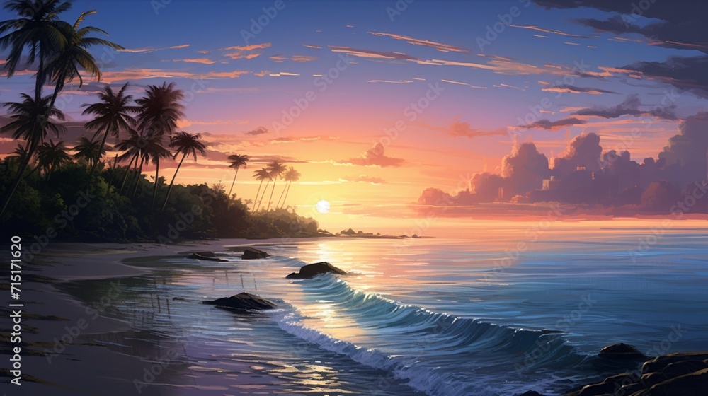 A tranquil beach at dawn with palm trees, gentle waves, and a distant island