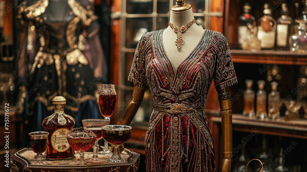 Embody the extravagance of the Jazz Age with an ensemble that combines rich velvet, metallic embellishments, and intricate beading, reminiscent of opulent flapper fashion.