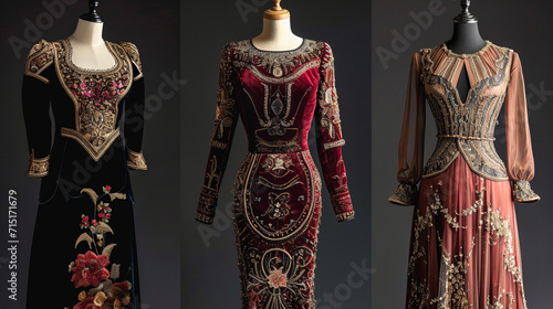 Embody the extravagance of the Jazz Age with an ensemble that combines rich velvet, metallic embellishments, and intricate beading, reminiscent of opulent flapper fashion.